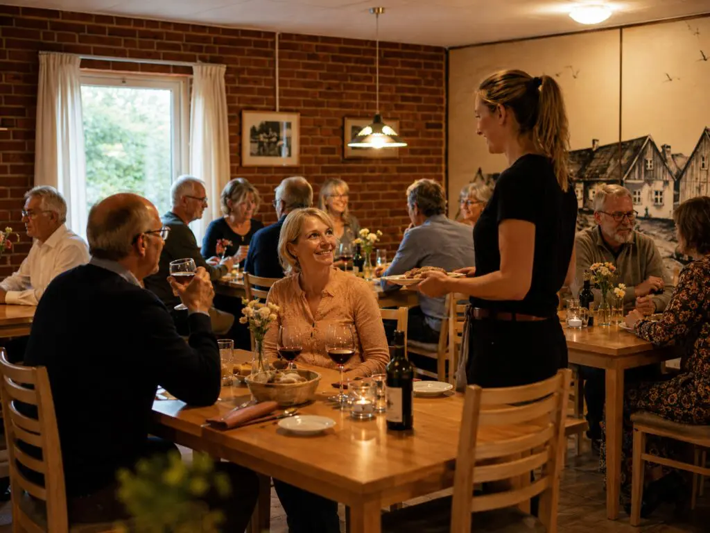 Tjener der serverer mad ved bordet for smilende gæster i restauranten på Paarup Kro