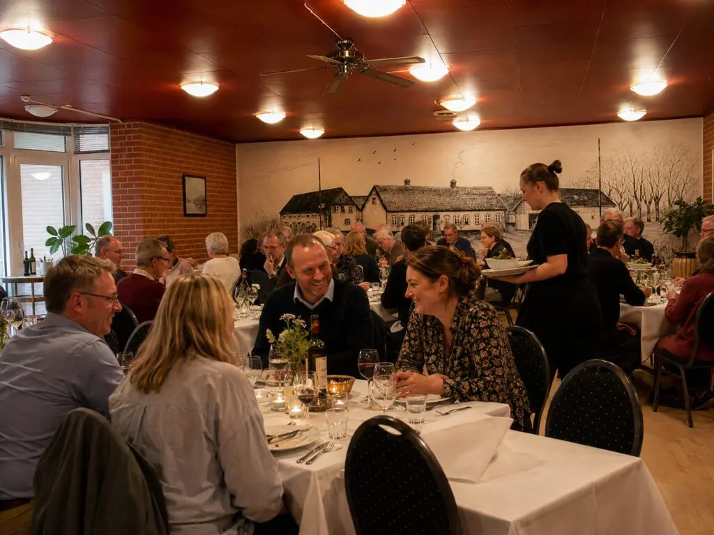 Spisende gæster ved opdækkede borde i restauranten på Paarup Kro i Engesvang, mens en tjener serverer mad.