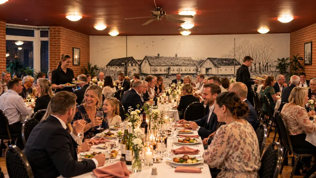 Gæster samlet til selskab og festmiddag ved langt veldækket bord i selskabslokale på Paarup Kro