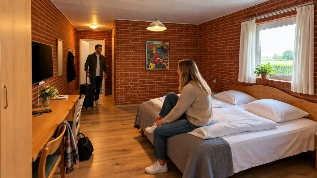 Gæster ankommer til et lyst dobbeltværelse med murstensvæg og dobbeltseng på Paarup Kro