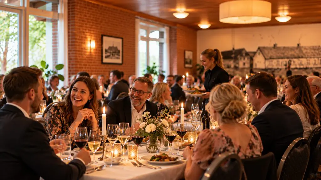 Gæster samlet til festmiddag i stemningsfuldt selskabslokale med levende lys og servering på Paarup Kro.